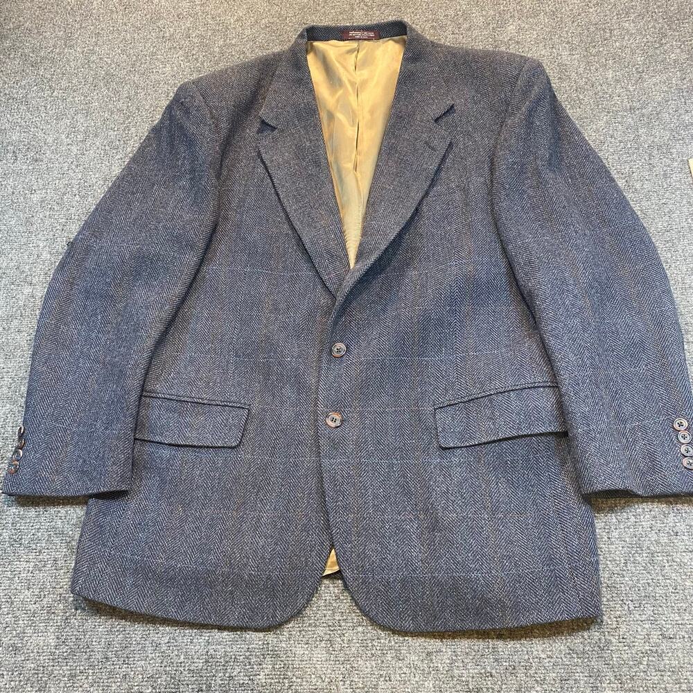 Vintage Evan Picone Mens 50R Blue 100% Wool Blazer Sports Coat Plaid Herringbone